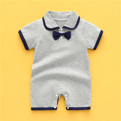 Grey Half Sleeves Bow-Tie Collared T-shirt Syle Romper From 3 months-2 Years