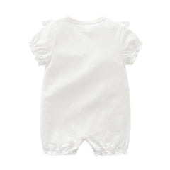 White Puff Sleeves Lace Ruffled Neck Solid Romper From 3-12 Months