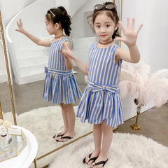 Blue Sleeveless Style Round Neck Bow Attached Striped Pattern Dress From 3-9 Years