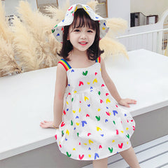 Sweet & Cute Rainbow Wide Shoulder Strap Dress With Cap From 1-5 Years