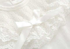 White Puff Sleeves Lace Ruffled Neck Solid Romper From 3-12 Months