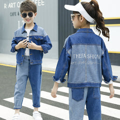 Blue Full Sleeves Colour Blocked Back Printed Denim Jacket & Pant Set For Both Boys & Girls From 3-9 Years