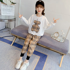 Full Sleeves Bear Print T-shirt With Plaid Print Pants From 3-10 Years