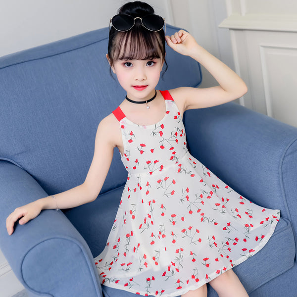 Breezy White Sleeveless Floral Printed Casual Dress From 3-9 Years