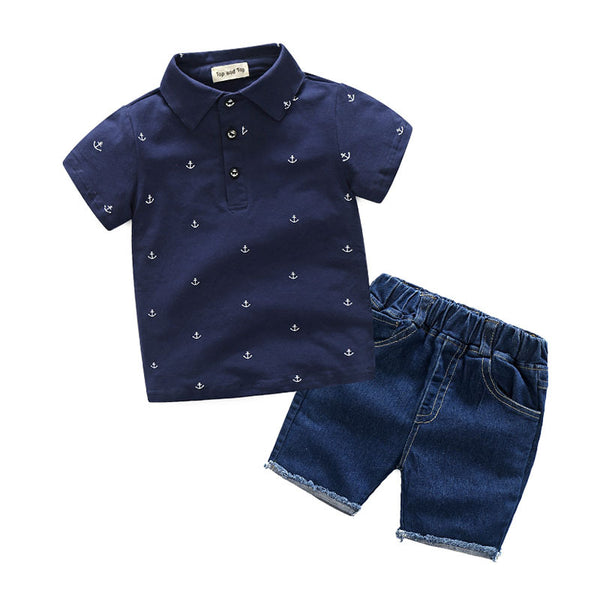 Blue Half Sleeves Sailor Pattern Polo T-Shirt & Blue Shorts Set From 1-8 Years