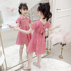 Short Sleeves Peter Pan Collar Checked Dress From 3-9 Years