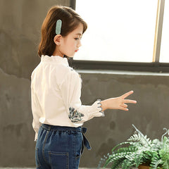 White Full Sleeves Lace Embroidered Shirt With Denim Jeans & Belt From 3-10 Years