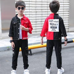 Full Sleeves Red n Black Colourblock Back Printed Denim Shirt & Pant Set From 3-9 Years