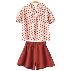 Puff Sleeves Western Style Loose Polka Dot Top & Shorts Set From 3-9 Years