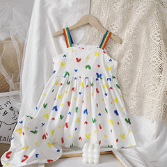 Sweet & Cute Rainbow Wide Shoulder Strap Dress With Cap From 1-5 Years