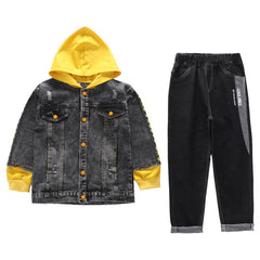 Full Sleeves Back Printed Denim Hoodie With Denim Pant Set From 3-9 Years