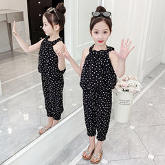 Black Sleeveless Polka Dot Print Top And Pants Set From 3-9 Years