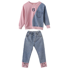 Full Sleeves Colour Blocked Half Denim Autumn Wear Top & Pant Set From 3-9 Years