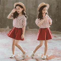 Puff Sleeves Western Style Loose Polka Dot Top & Shorts Set From 3-9 Years