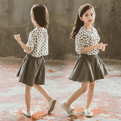 Puff Sleeves Western Style Loose Polka Dot Top & Shorts Set From 3-9 Years