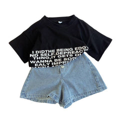 Black Text Print Crop Top & Denim Shorts Set From 3-9 Years