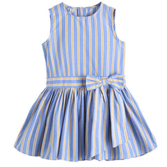 Blue Sleeveless Style Round Neck Bow Attached Striped Pattern Dress From 3-9 Years