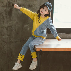 Full Sleeves Colour Blocked Half Denim Autumn Wear Top & Pant Set From 3-9 Years