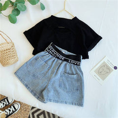 Black Text Print Crop Top & Denim Shorts Set From 3-9 Years