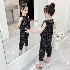 Black Sleeveless Polka Dot Print Top And Pants Set From 3-9 Years