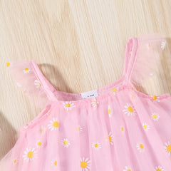 Sleeveless Daisy Floral Overlay Mesh Sling Dress From 3-18 Months