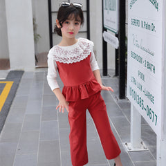 Red n White Lace Embroidered Top With Peplum Sleveless Jacket & Pant 3 pcs Set From 4-9 Years