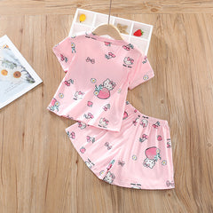 Pink Half Sleeves Cartoon Pattern Print Tee With Shorts From 9 Months-4 Years