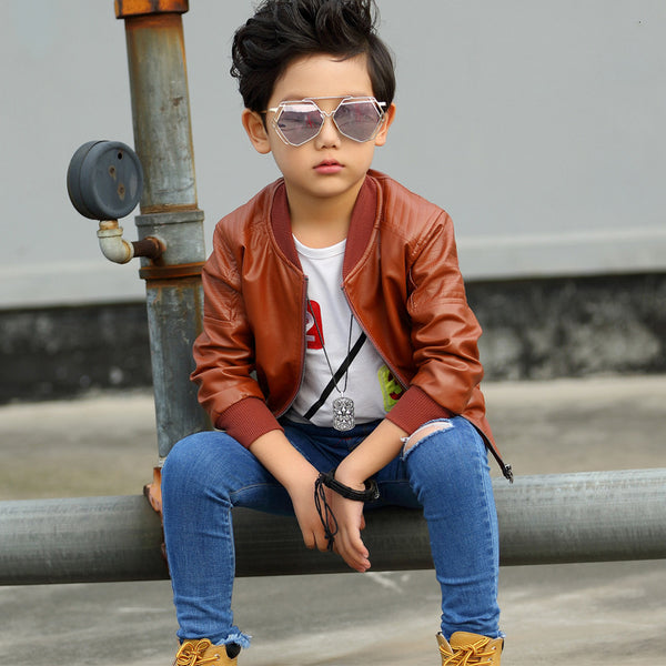 Full Sleeves Solid Leather Winter Wear Jacket With Side Pockets From 3-9 Years