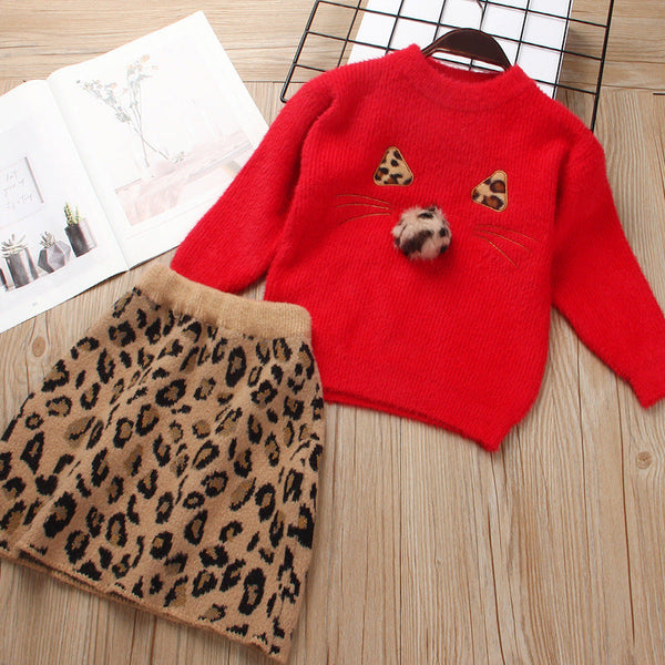 Long Sleeved Sweater top with leopard Skirt (1-5 years)