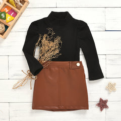 Black n Brown Full Sleeves Solid High Neck Top With Skirt From 1-5 Years