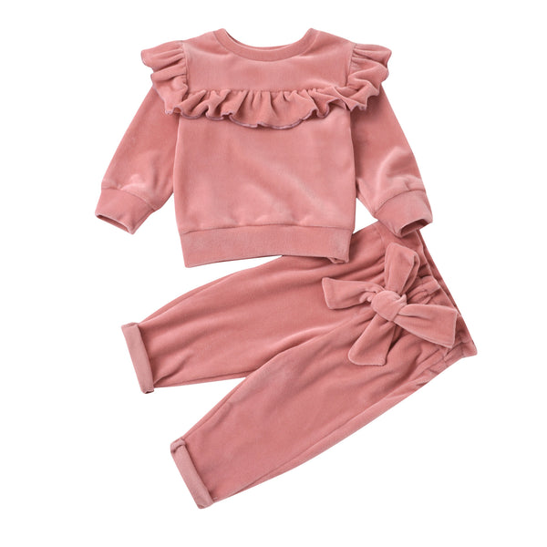 Full Sleeves Velvety Ruffled Solid Top With Bow Applique Lounge Pant From 3 Months - 3 Years