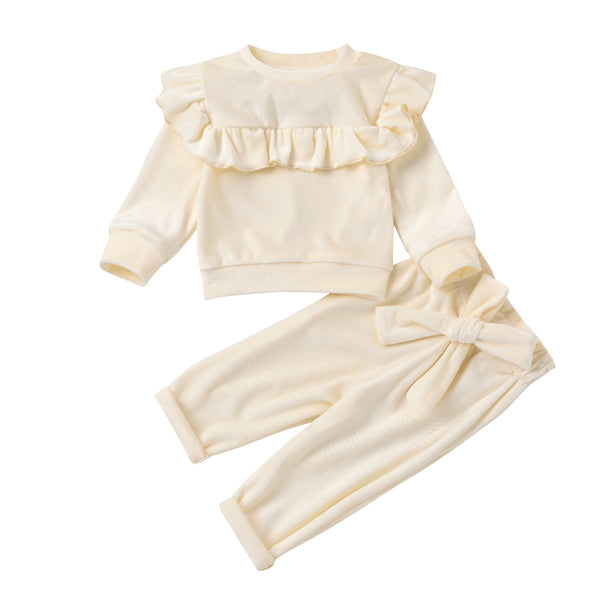 Full Sleeves Velvety Ruffled Solid Top With Bow Applique Lounge Pant From 3 Months - 3 Years