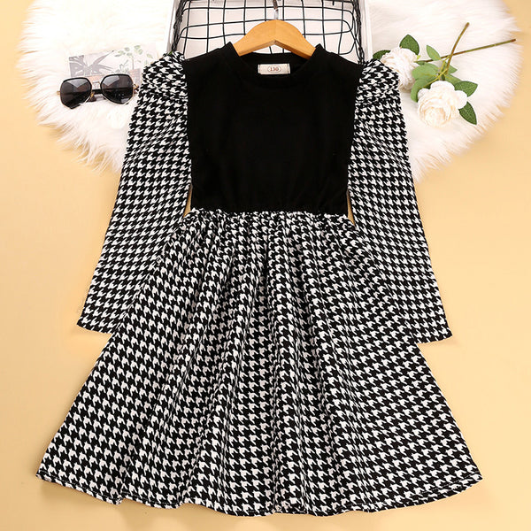 Puff Full Sleeves Panel Houndstooth Print Knitted Dress From 4-9 Years