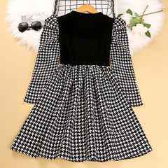 Puff Full Sleeves Panel Houndstooth Print Knitted Dress From 4-9 Years