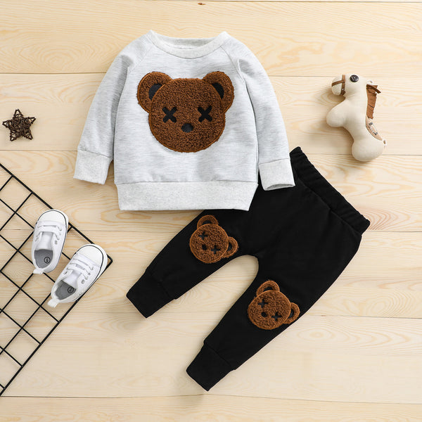 Grey Full Sleeves Fuzzy Bear Patch TrackSuit & Track Pants Set From 1 - 6 Years