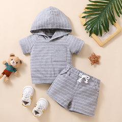 Grey Half Sleeves Solid Hooded Striped T-Shirt & Shorts Set From 9 Months - 5 Years