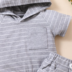 Grey Half Sleeves Solid Hooded Striped T-Shirt & Shorts Set From 9 Months - 5 Years