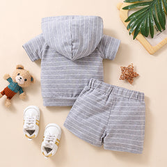 Grey Half Sleeves Solid Hooded Striped T-Shirt & Shorts Set From 9 Months - 5 Years