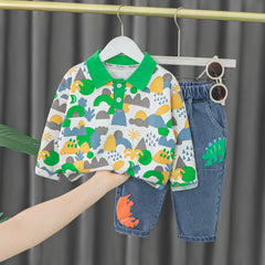 Green Full Sleeves Overall Printed T-Shirt With Denim Jeans From 3 Months - 4 Years