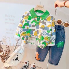 Green Full Sleeves Overall Printed T-Shirt With Denim Jeans From 3 Months - 4 Years