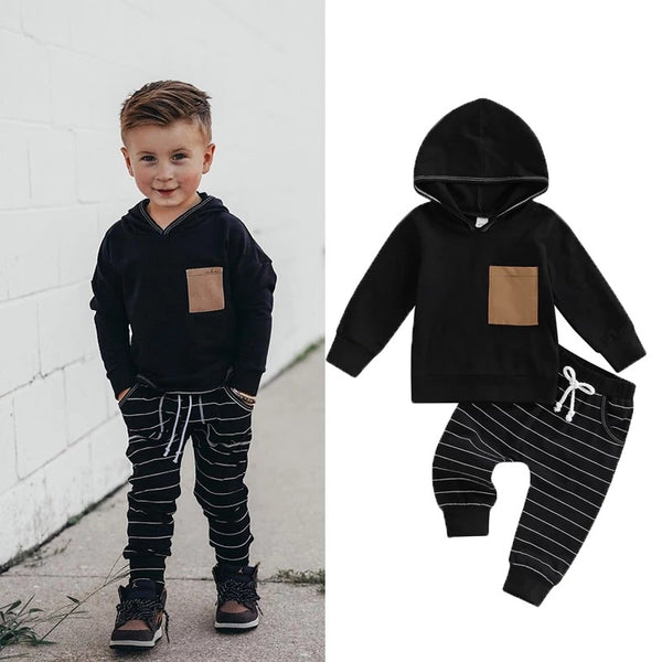 Black Full Sleeves Solid Hooded Top With Pocket And Striped Joggers Set From 9 Months - 5 Years