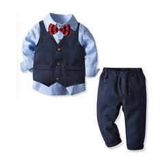 Full Sleeves Gentelman Style Blue  Shirt With Button Front Vest, Pant & Bow Tie From 1-6 Years