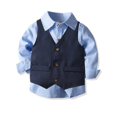 Full Sleeves Gentelman Style Blue  Shirt With Button Front Vest, Pant & Bow Tie From 1-6 Years