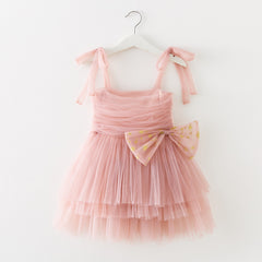 Peach Singlet Sleeves Ruffle Truffle  Bow Applique Shoulder Tie-Up Shoulder Fit & Flare Dress With Detachable Brooch From 9 Months-6 years