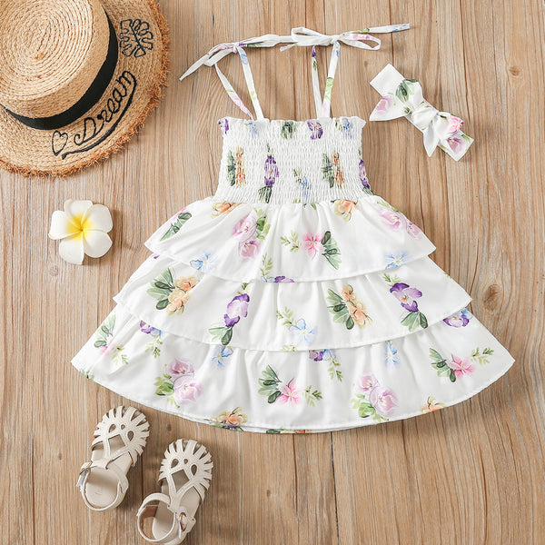 Singlet Sleeves Floral Print Layered Hem Smocked  Dress With Headband From 9 Months-5 Years