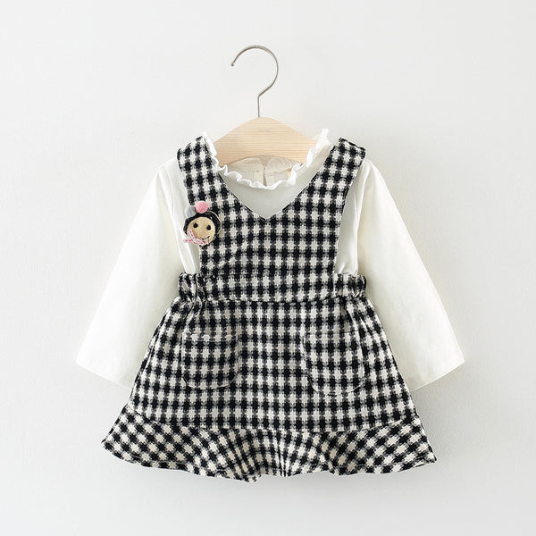 Full Sleeves Stitching Plaid Fake Two-Piece Dress With Detachable Cartoon Face Brooch From 3 Months-3 Years