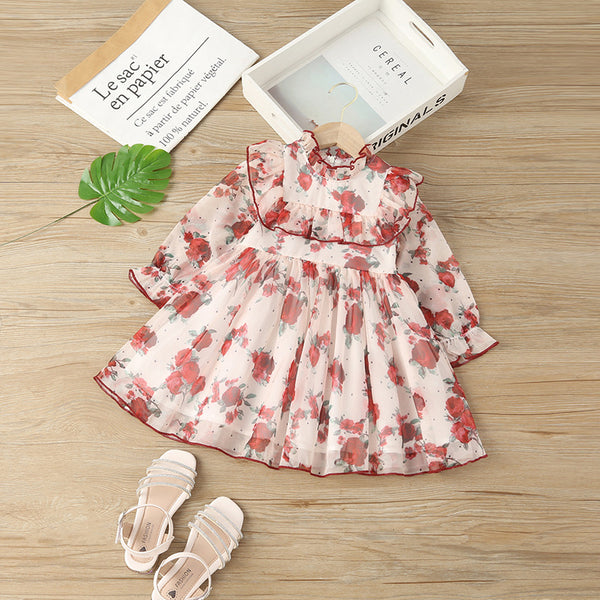 Full Sleeves Floral Print Ruffle Trim Doll Collar Dress From 1-6 Years