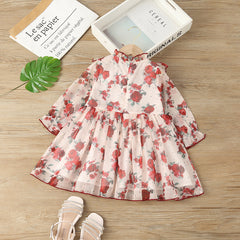 Full Sleeves Floral Print Ruffle Trim Doll Collar Dress From 1-6 Years