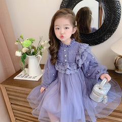 Purple Frilly Full Sleeves Floral Lace Applique Pearl Detailing Dress From 1-7 years