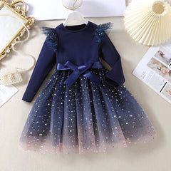 Blue Full Sleeves Ruffle Trim Star Sequin Embellished Tutu Belted Dress From 1-6 Years